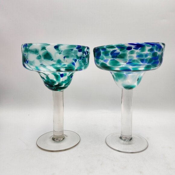 Mexican Margarita Glasses Confetti Blue Green Swirl Handcrafted Set Of 2 - Picture 4 of 6